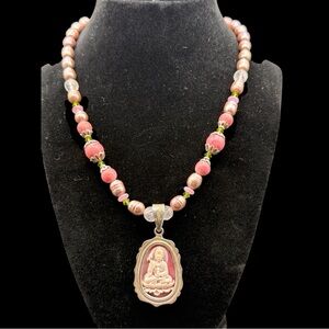 Sterling Silver 925 Quartz Pearl Beaded Necklace with Green Tara Pendant 10”drop